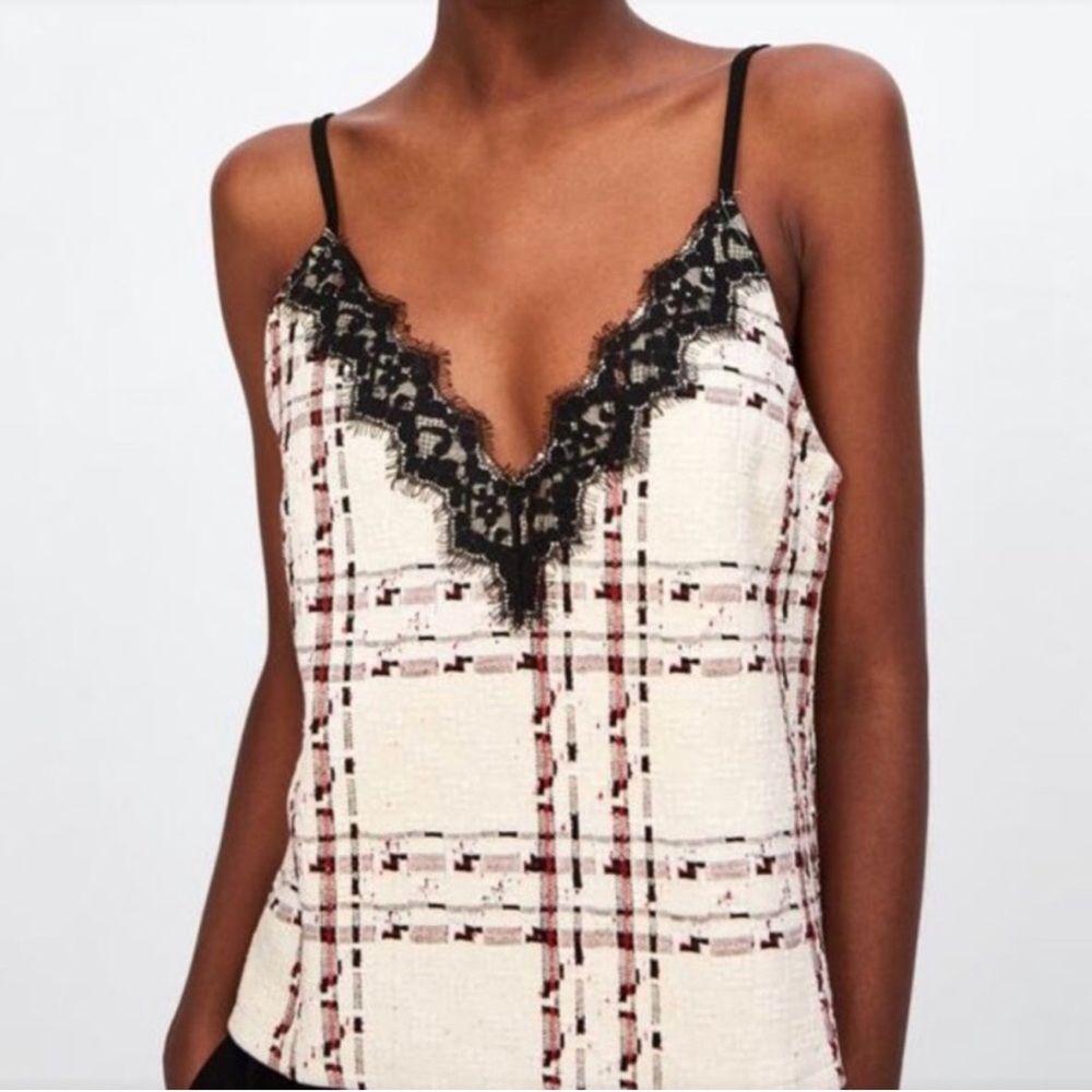 Zara Plaid Lace Trim Cami Top